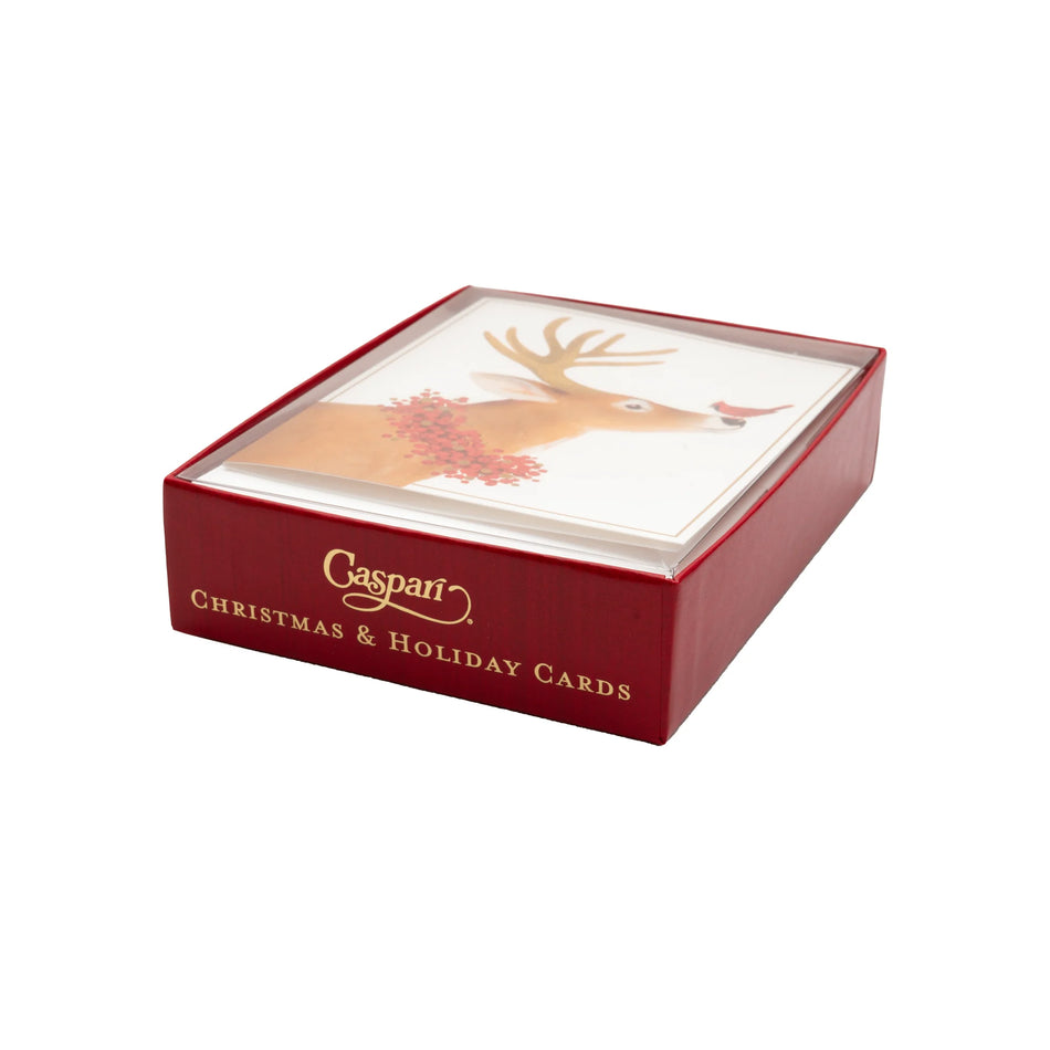 Caspari Deer And Cardinal Petite Boxed Christmas Cards