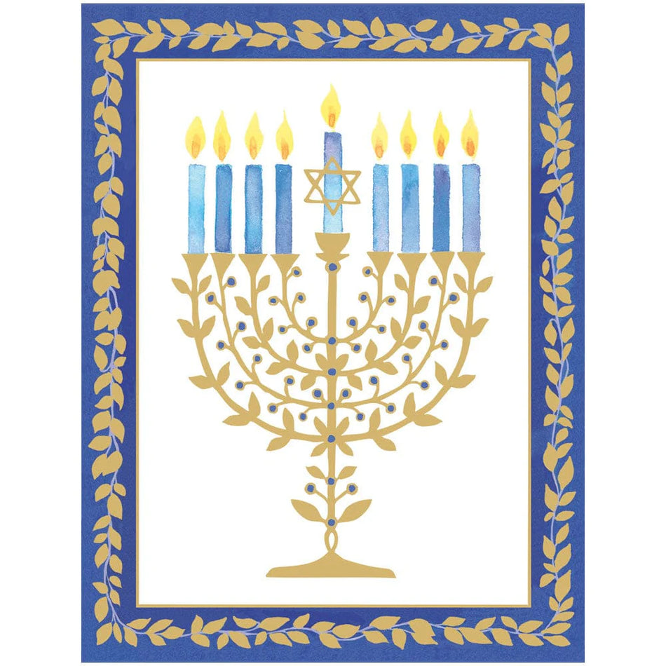 Caspari Gold Leaves Menorah Foil Classic Boxed Christmas Cards