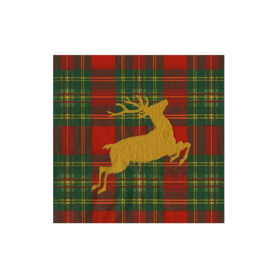 Caspari Reindeer Tartan Red Cocktail Napkins