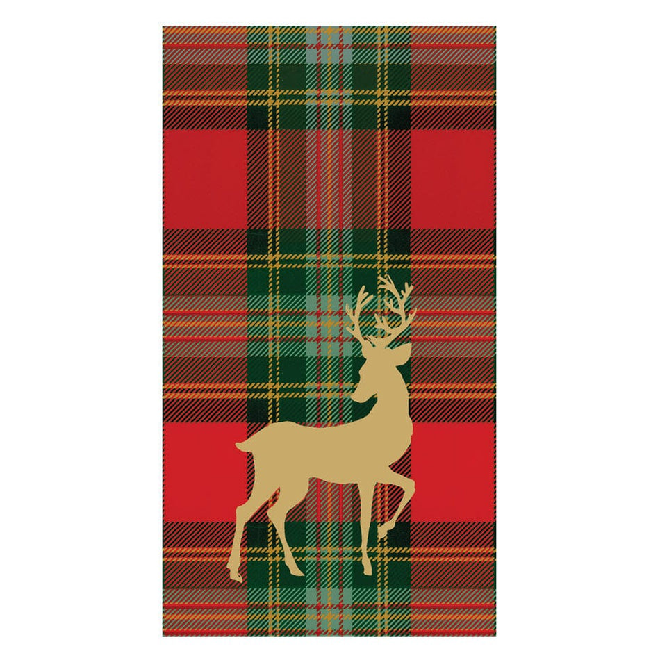 Caspari Reindeer Tartan Red Guest Towels