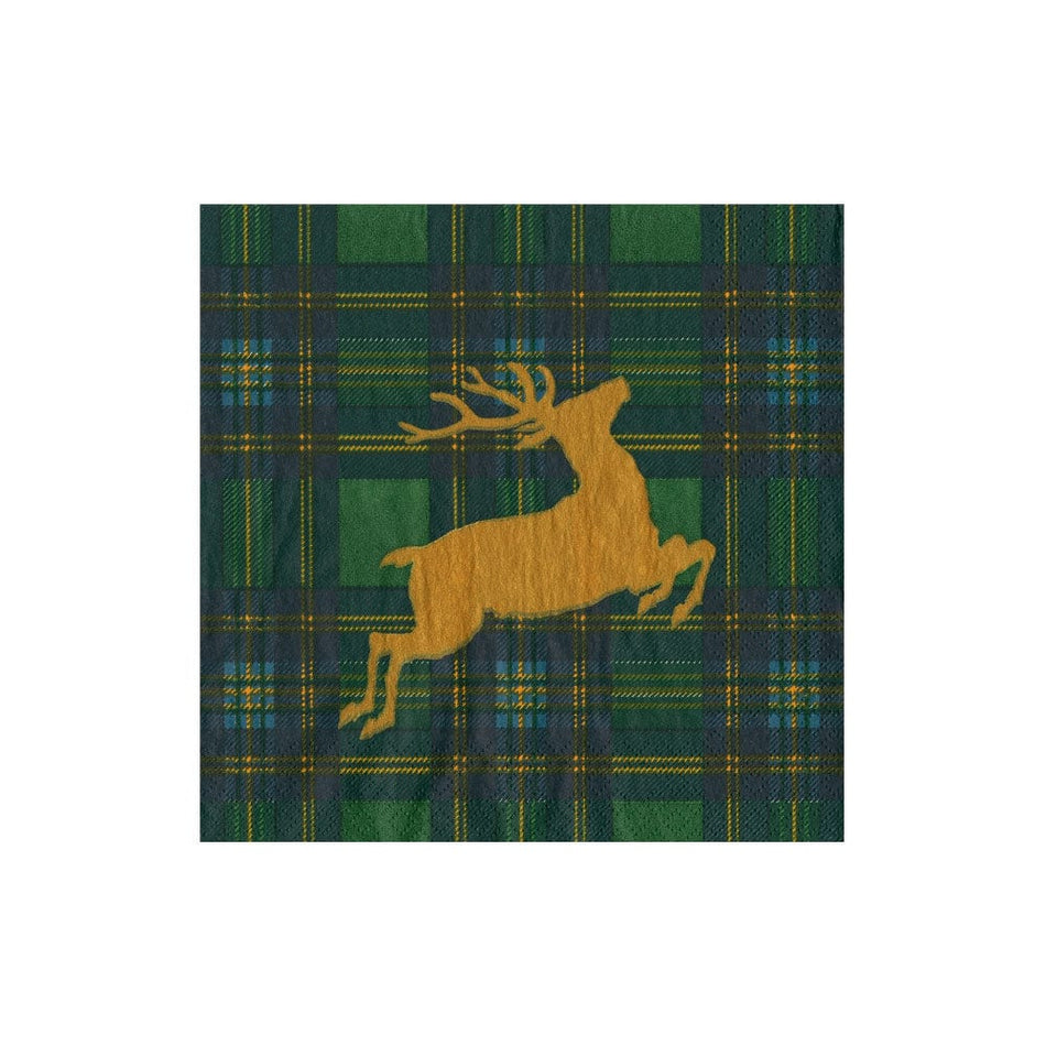 Caspari Reindeer Tartan Green Cocktail Napkins