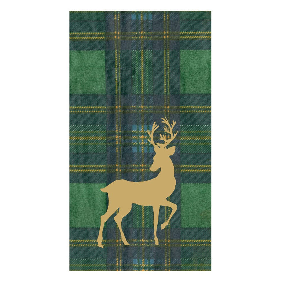 Caspari Reindeer Tartan Green Guest Towels