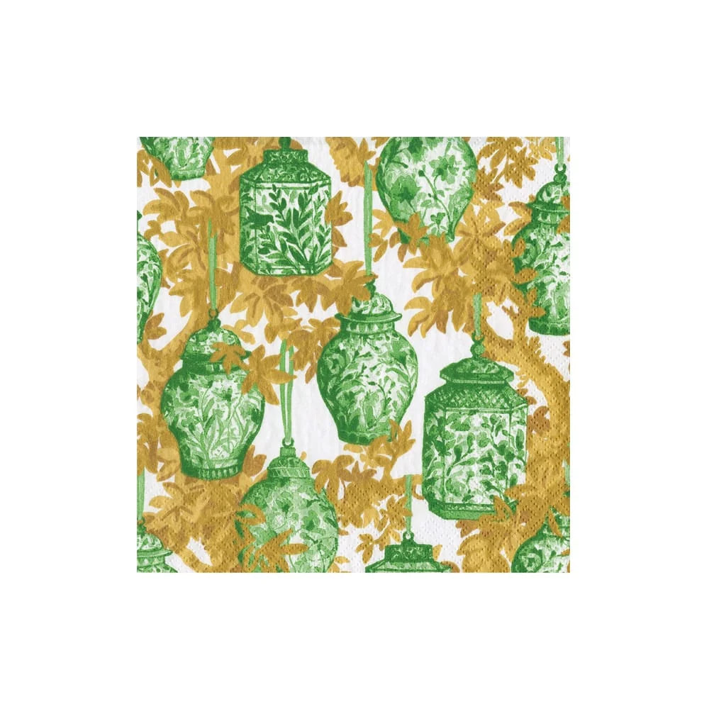 Caspari Ginger Jars Green/White Cocktail Napkin