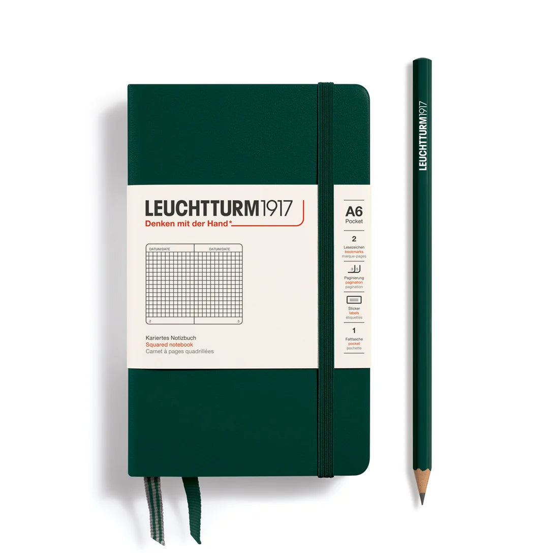 LEUCHTTURM1917 Hardcover Pocket Notebook (A6), 187 p., squared - Forest Green