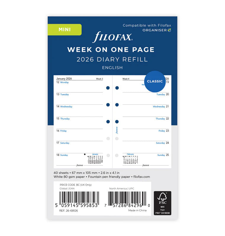 Filofax 2026 Mini Week on One Page Refill