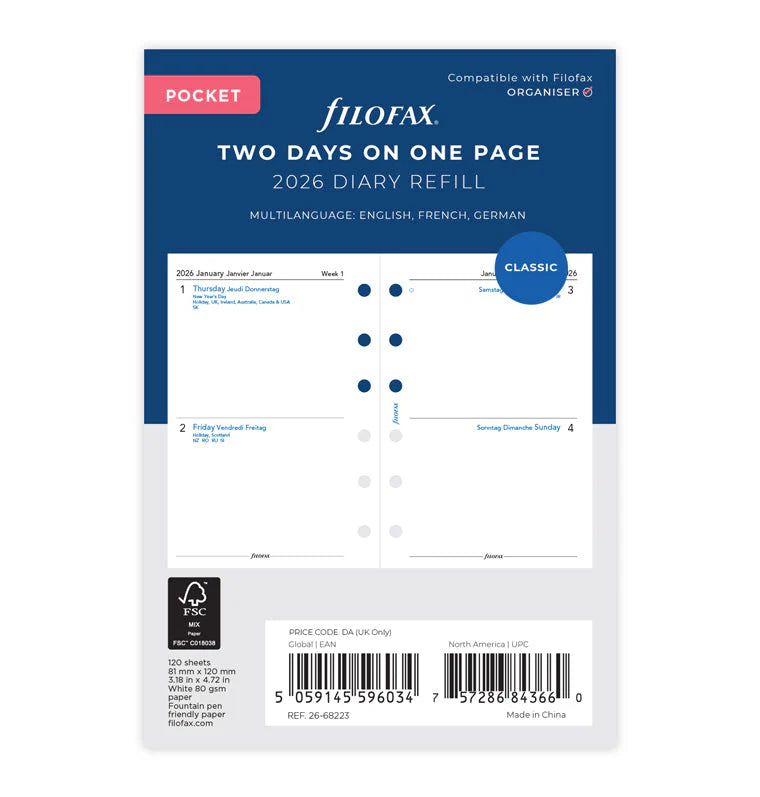 Filofax 2026 Pocket Two Days on One Page Refill
