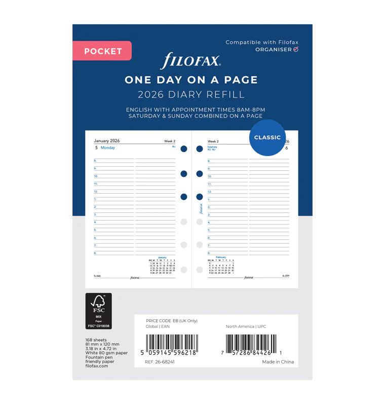 Filofax 2026 Pocket One Day on a Page Refill