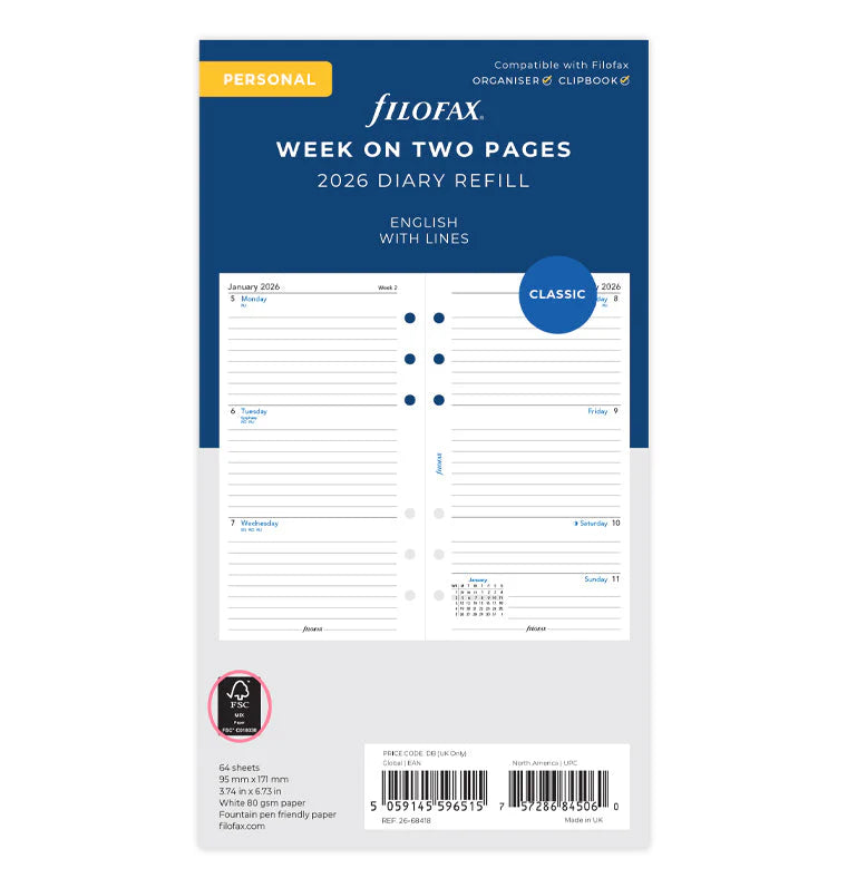 Filofax 2026 Personal Week on Two Pages Lined Refill