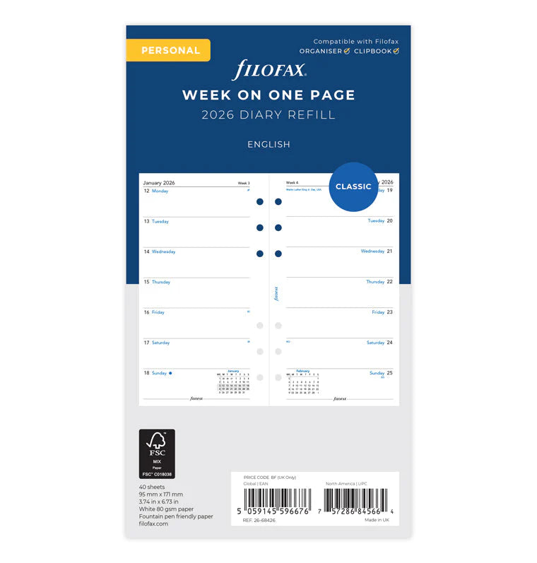 Filofax 2026 Personal Week on One Page Refill