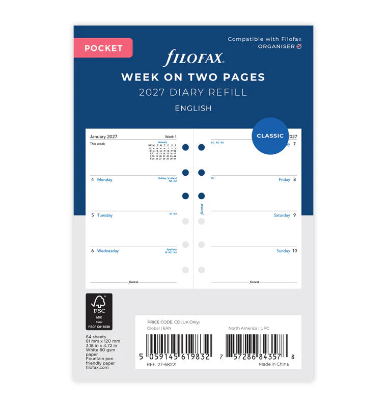 Filofax 2027 Pocket Week on Two Pages Refill
