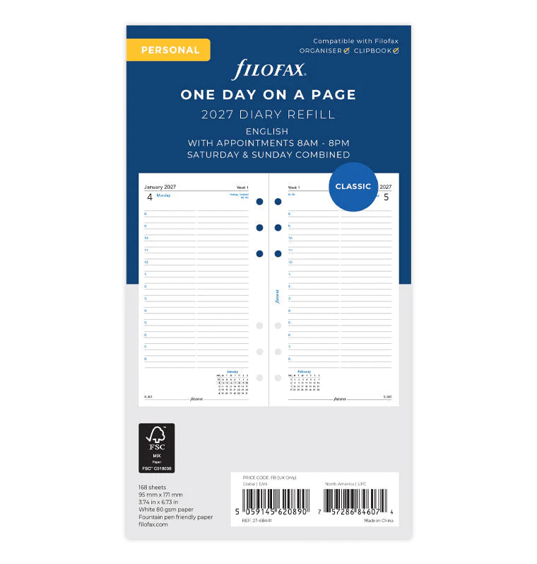 Filofax 2027 Personal One Day On A Page w/ Appointments