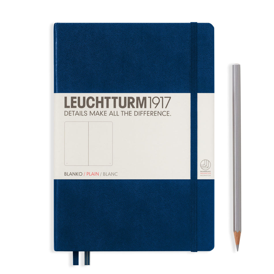 LEUCHTTURM1917 Notebook Medium (A5) Hardcover, 249 Numbered Pages, Plain - Navy Blue