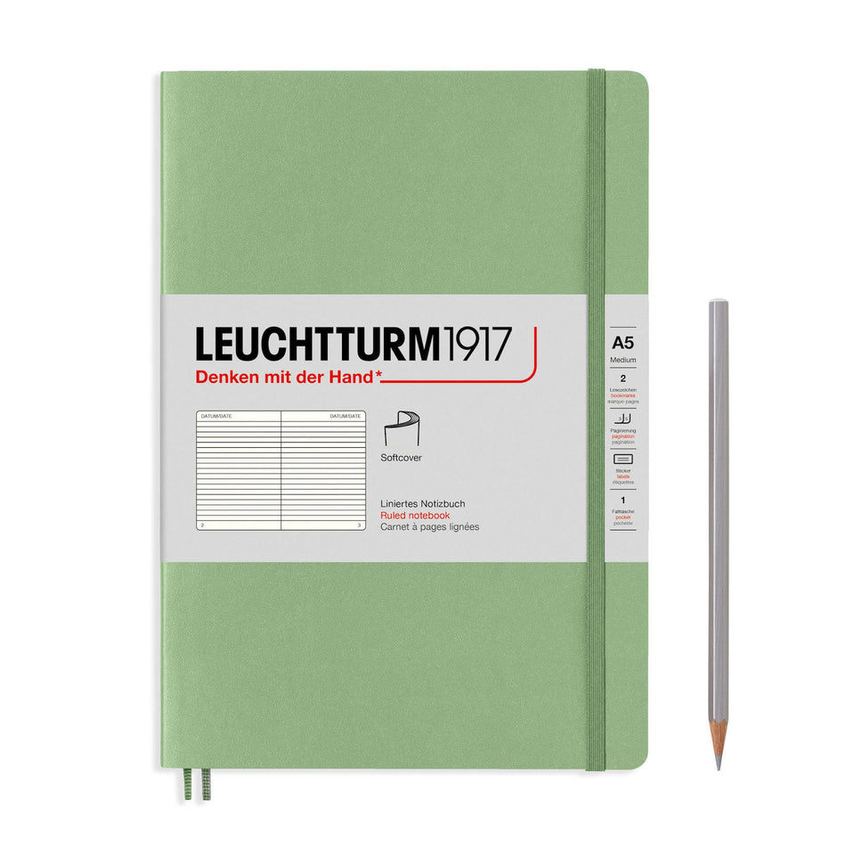 Notebook Medium (A5) Plain, Softcover, 123 Numbered Pages, Muted Colours – Sage Green