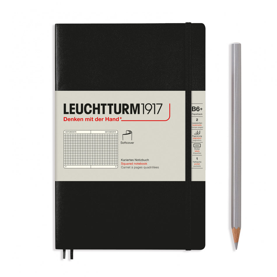 LEUCHTTURM1917 Notebook Softcover Paperback (B6+), 123 pages, Squared - Black