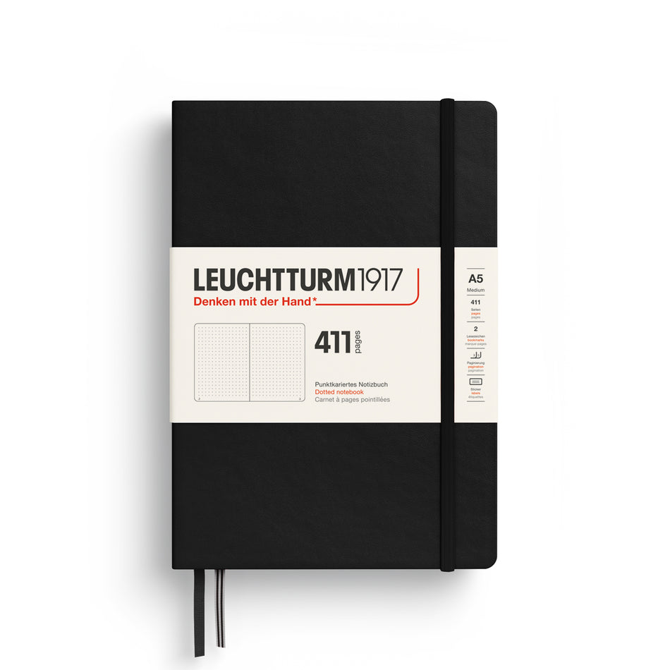 LEUCHTTURM1917 Notebook Medium (A5) Hardcover, 411 Numbered Pages, Dotted - Black