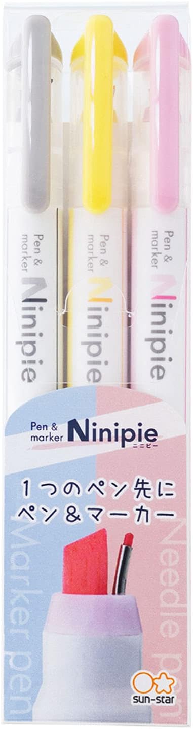 Sun-Star Ninipie Pen and Marker (Set of 3) - Gray/Yellow/Pink