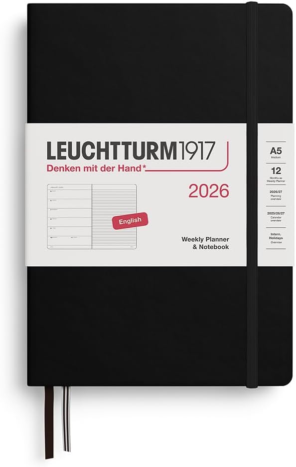 Leuchtturm1917 2026 A5 Weekly Planner & Notebook Ruled - Black