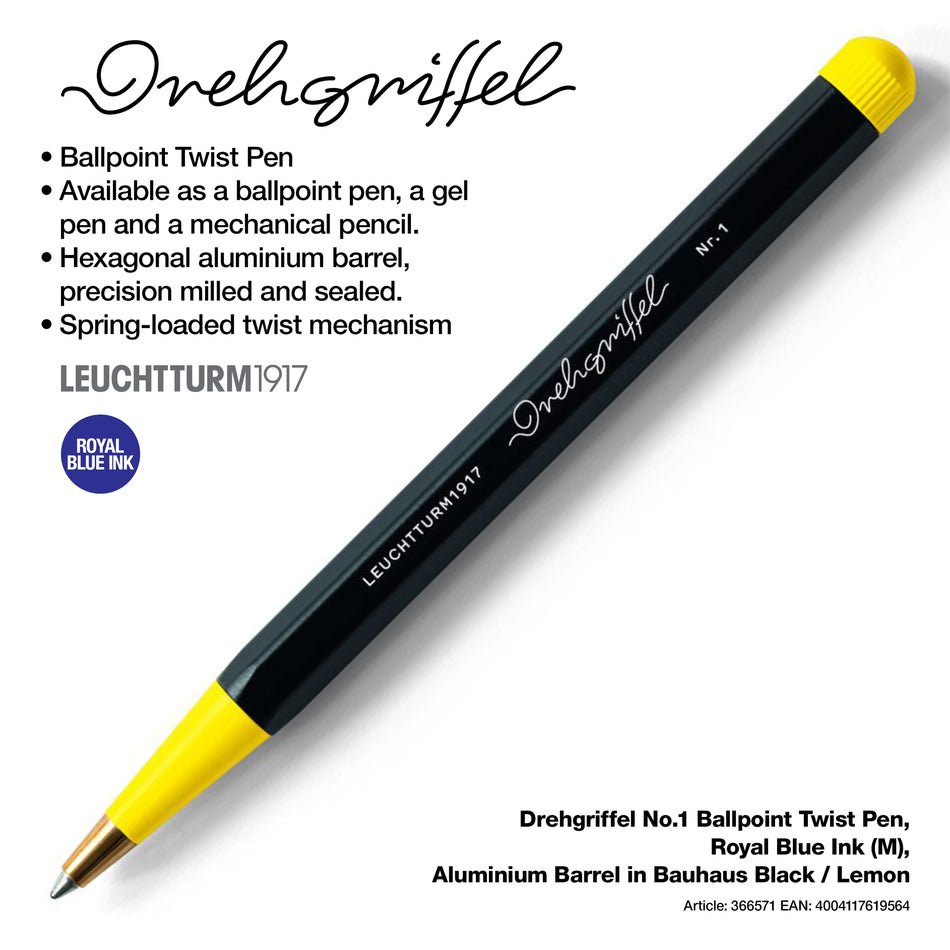 LEUCHTTURM1917 Drehgriffel No.1 Ballpoint Twist Pen, Royal Blue Ink (M), Aluminium Barrel in Bauhaus, Black, Lemon Yellow