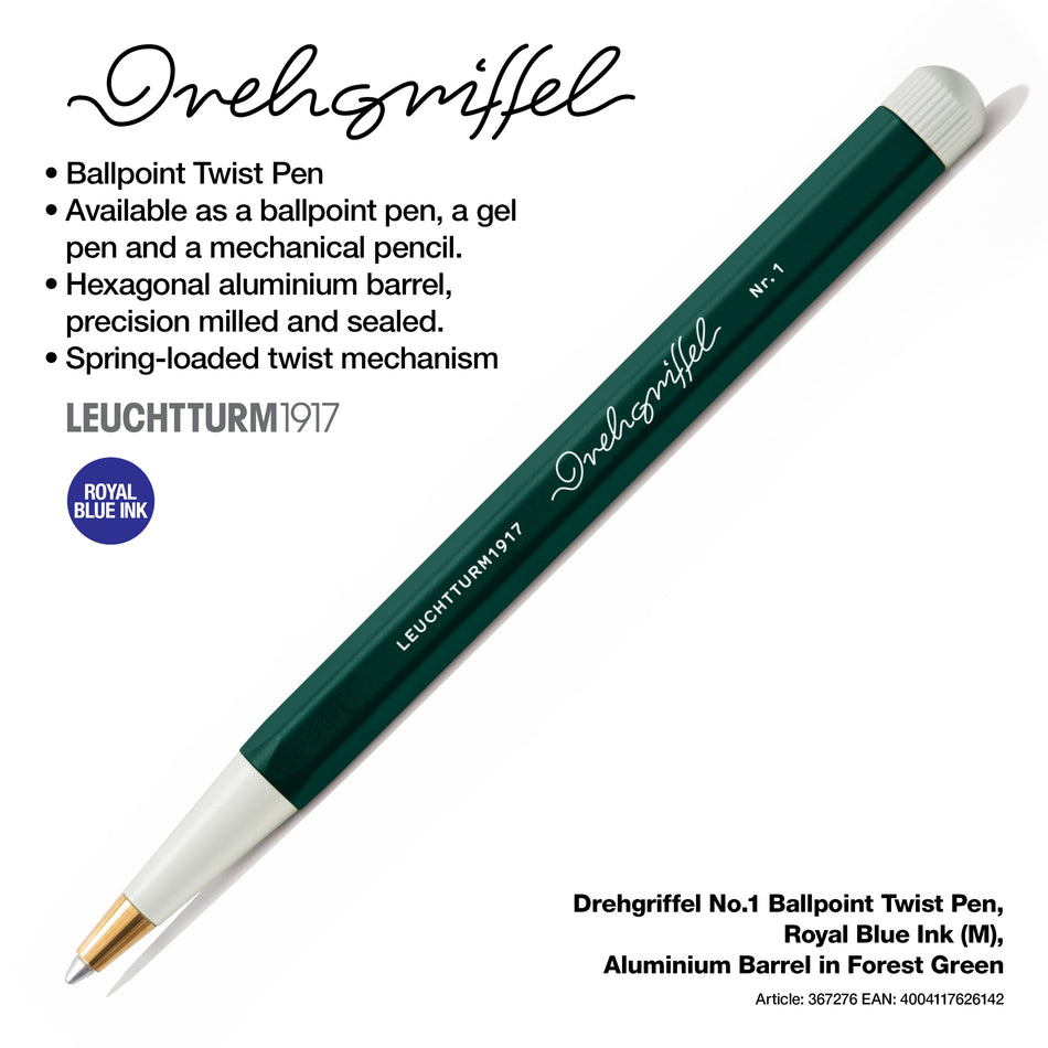 LEUCHTTURM1917 Drehgriffel No.1 Ballpoint Twist Pen, Royal Blue Ink (M), Aluminium Barrel - Forest Green