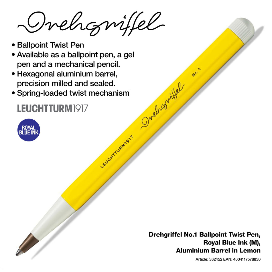 LEUCHTTURM1917 Drehgriffel No.1 Ballpoint Twist Pen, Royal Blue Ink (M), Aluminium Barrel in Lemon