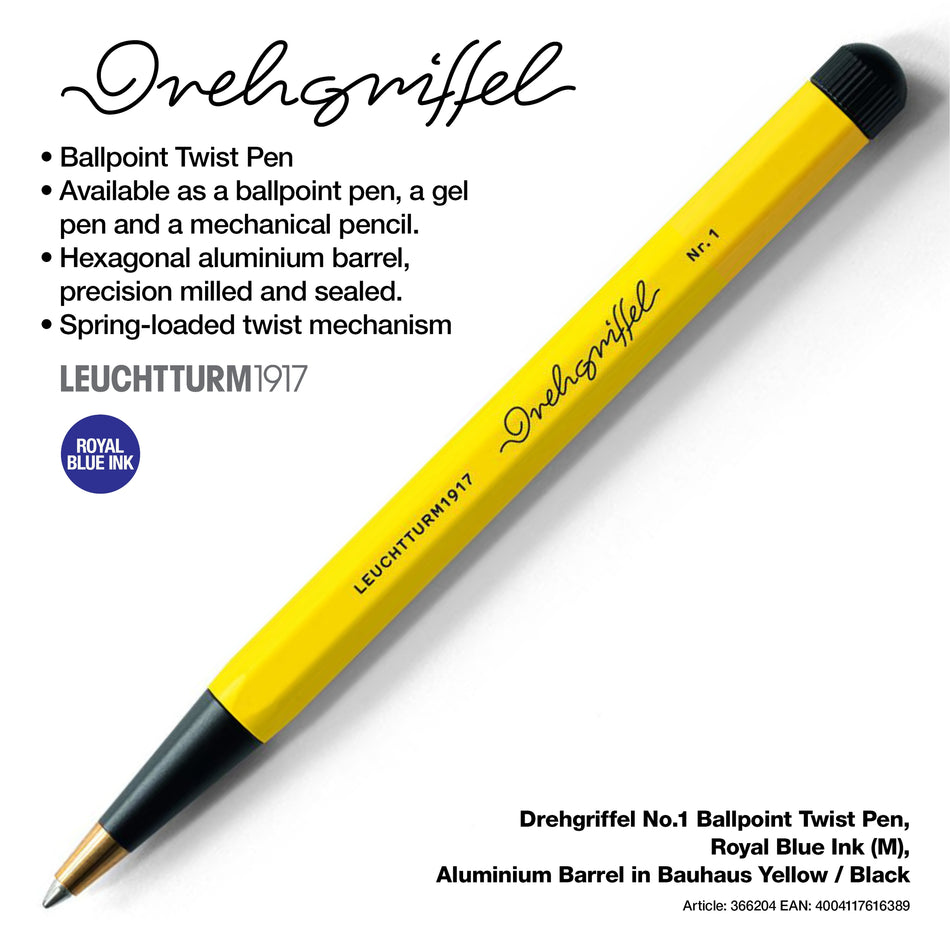 LEUCHTTURM1917 Drehgriffel No.1 Ballpoint Twist Pen, Royal Blue Ink (M), Aluminium Barrel in Bauhaus Yellow, Black