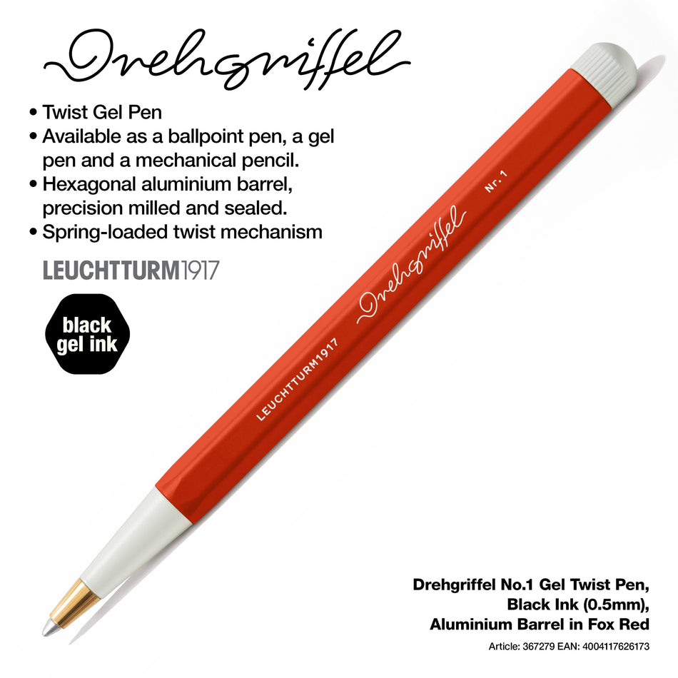 LEUCHTTURM1917 Drehgriffel No.1 Gel Twist Pen, Black Ink (0.5mm), Aluminium Barrel - Fox Red