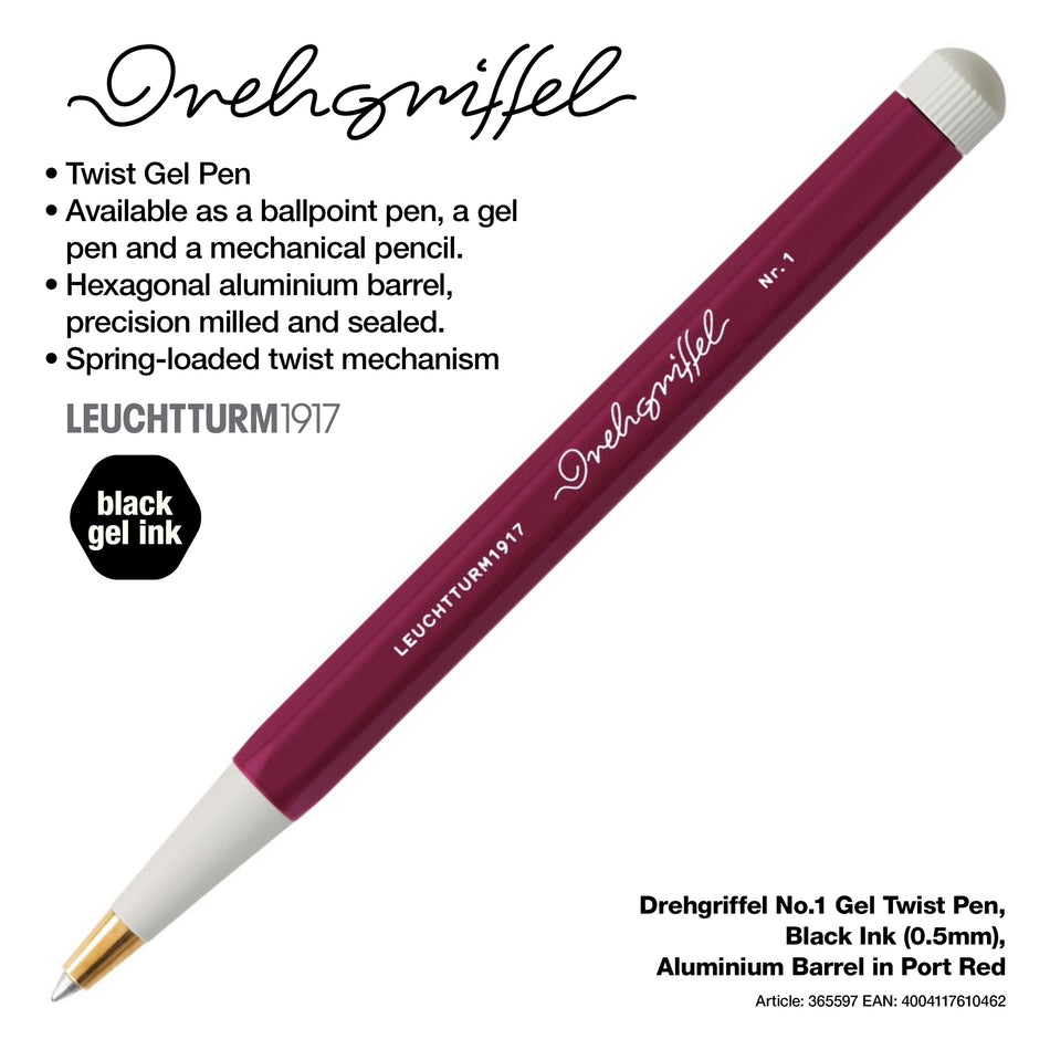LEUCHTTURM1917 Drehgriffel No.1 Gel Twist Pen, Black Ink (0.5mm), Aluminium Barrel - Port Red