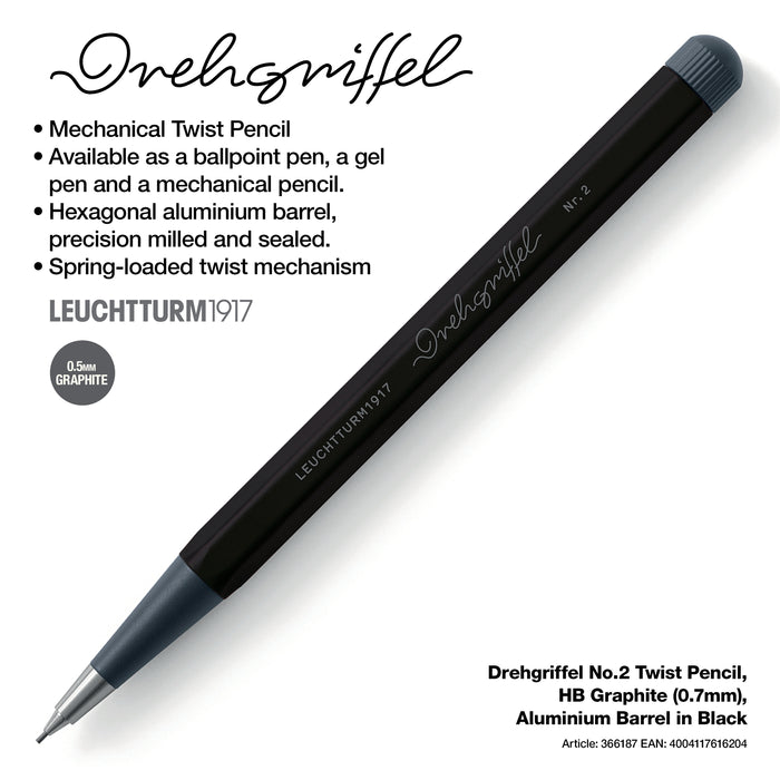 LEUCHTTURM1917 Drehgriffel No.2 Twist Pencil, HB Graphite (0.7mm), Aluminium Barrel - Black