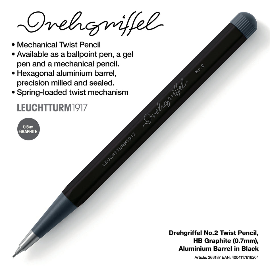 LEUCHTTURM1917 Drehgriffel No.2 Twist Pencil, HB Graphite (0.7mm), Aluminium Barrel - Black