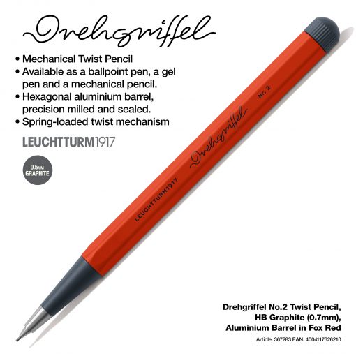 LEUCHTTURM1917 Drehgriffel No.2 Twist Pencil, HB Graphite (0.7mm), Aluminium Barrel in Fox Red