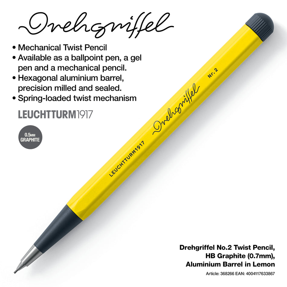 LEUCHTTURM1917 Drehgriffel No.2 Twist Pencil, HB Graphite (0.7mm), Aluminium Barrel - Lemon Yellow