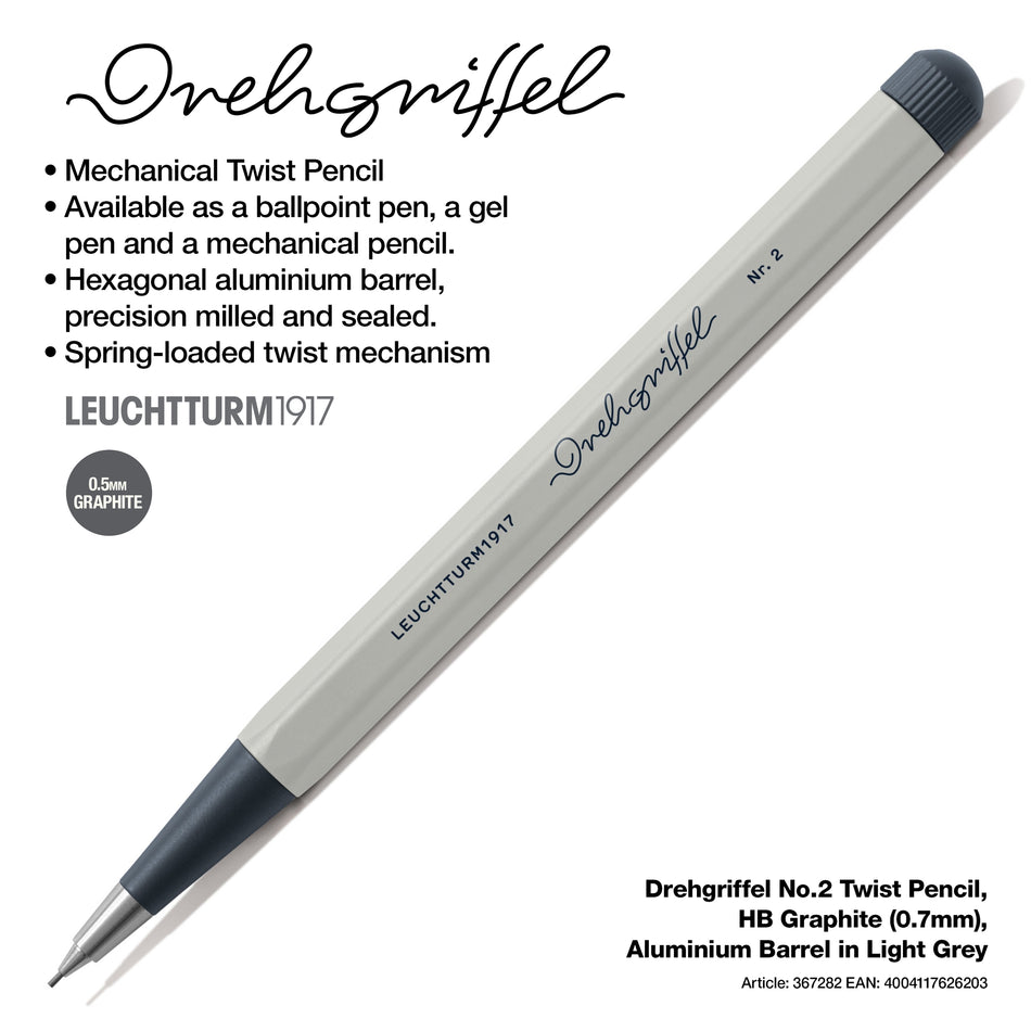 LEUCHTTURM1917 Drehgriffel No.2 Twist Pencil, HB Graphite (0.7mm), Aluminium Barrel - Light Grey
