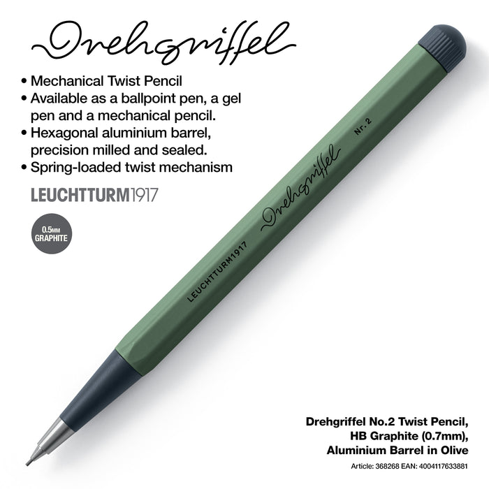 LEUCHTTURM1917 Drehgriffel No.2 Twist Pencil, HB Graphite (0.7mm), Aluminium Barrel in Olive