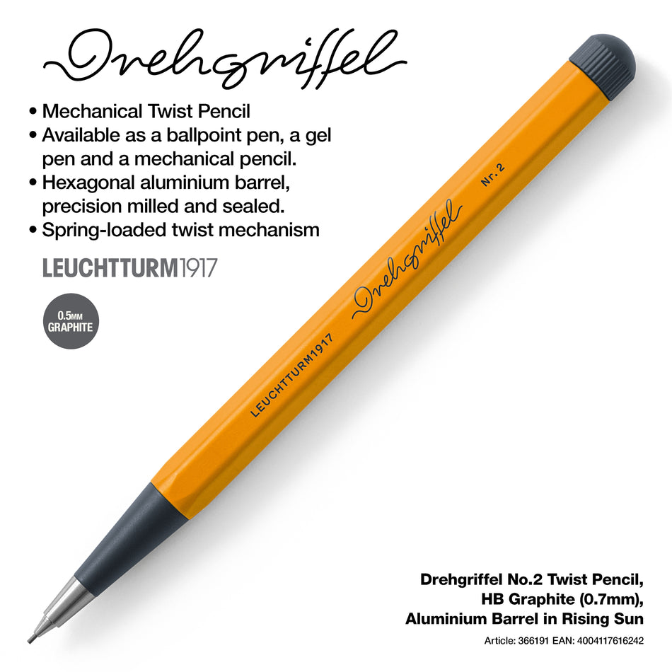 LEUCHTTURM1917 Drehgriffel No.2 Twist Pencil, HB Graphite (0.7mm), Aluminium Barrel - Rising Sun