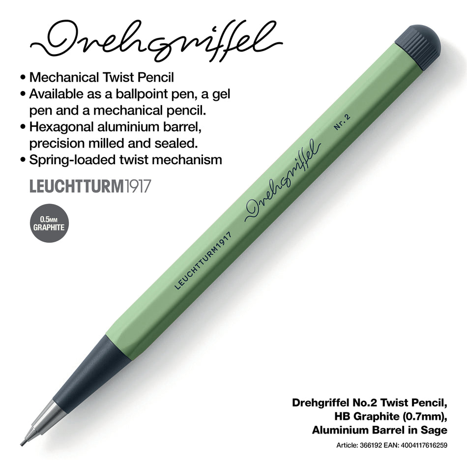 LEUCHTTURM1917 Drehgriffel No.2 Twist Pencil, HB Graphite (0.7mm), Aluminium Barrel - Sage Green