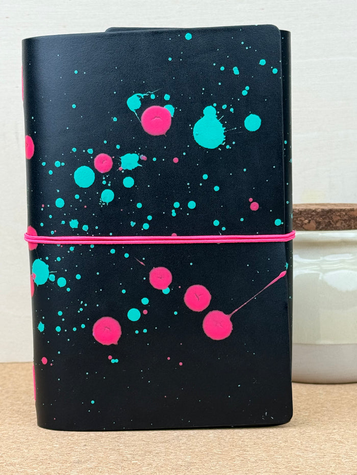 Imperfect Concepts Ollie Leather Notebook - B6 Trifold Raven Painted - Neon Pink Band