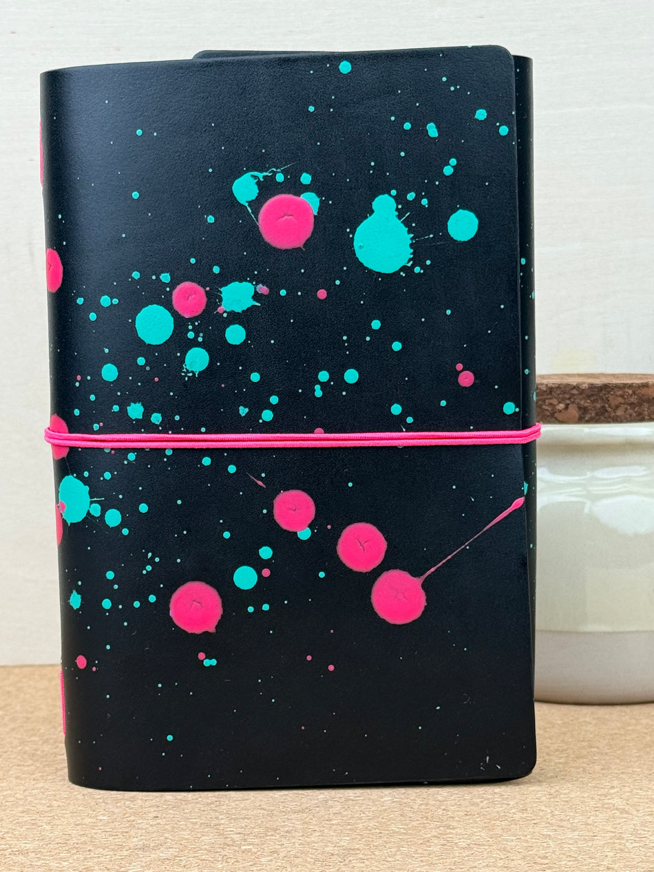Imperfect Concepts Ollie Leather Notebook - B6 Trifold Raven Painted - Neon Pink Band