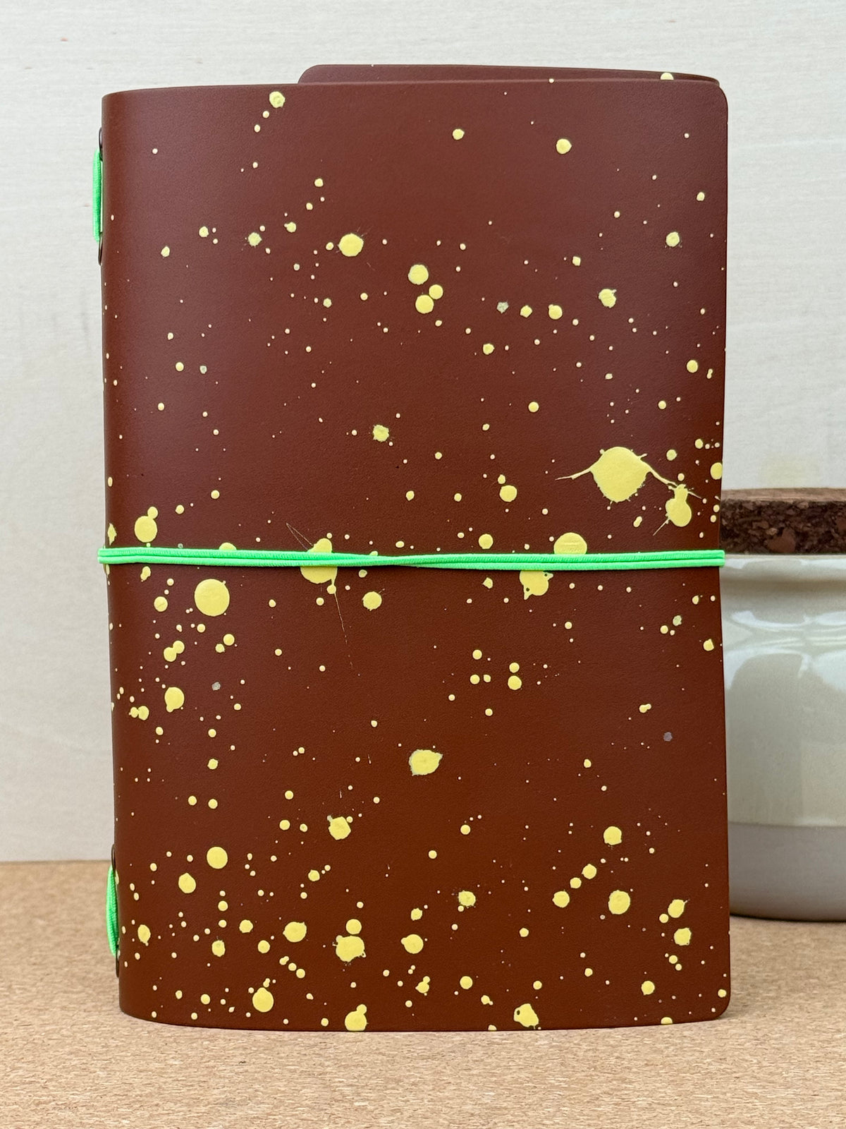 Imperfect Concepts Ollie Leather Notebook - B6 Trifold Chocolate Painted - Neon Green Band