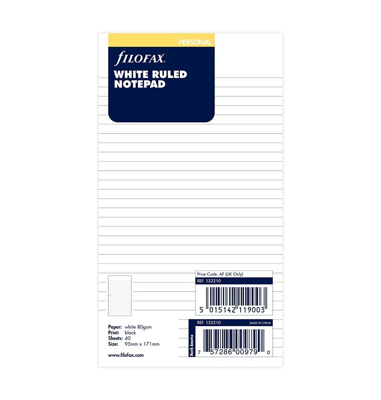 Filofax White Ruled Notepad Refill - Personal