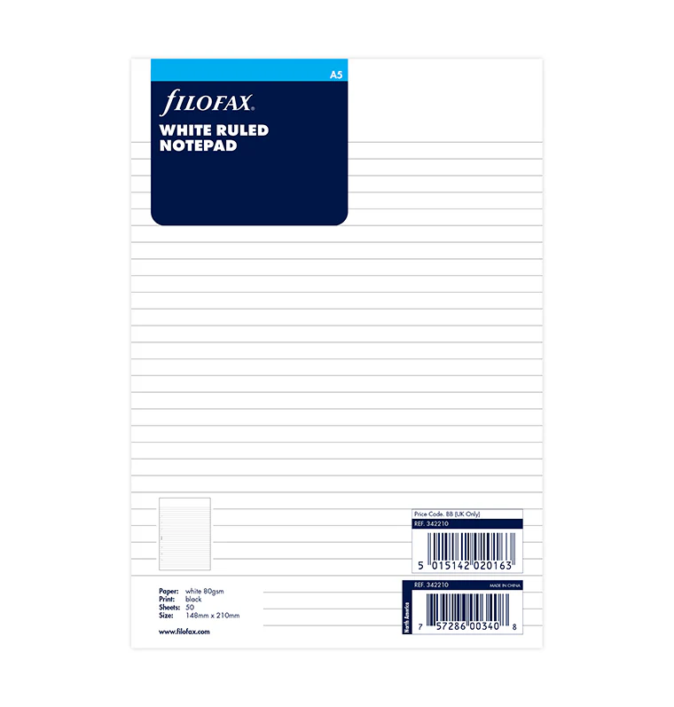 Filofax White Ruled Notepad Refill - A5