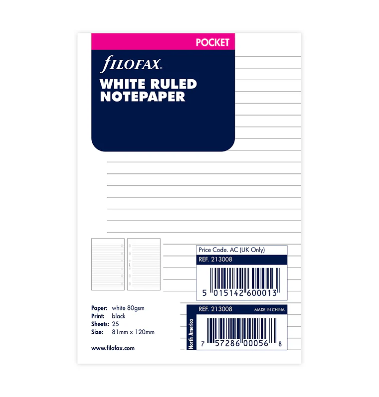 Filofax White Ruled Notepaper Refill - Pocket