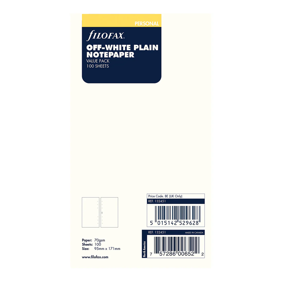 Filofax Off-White Plain Notepaper Value Pack Refill Pack - Personal