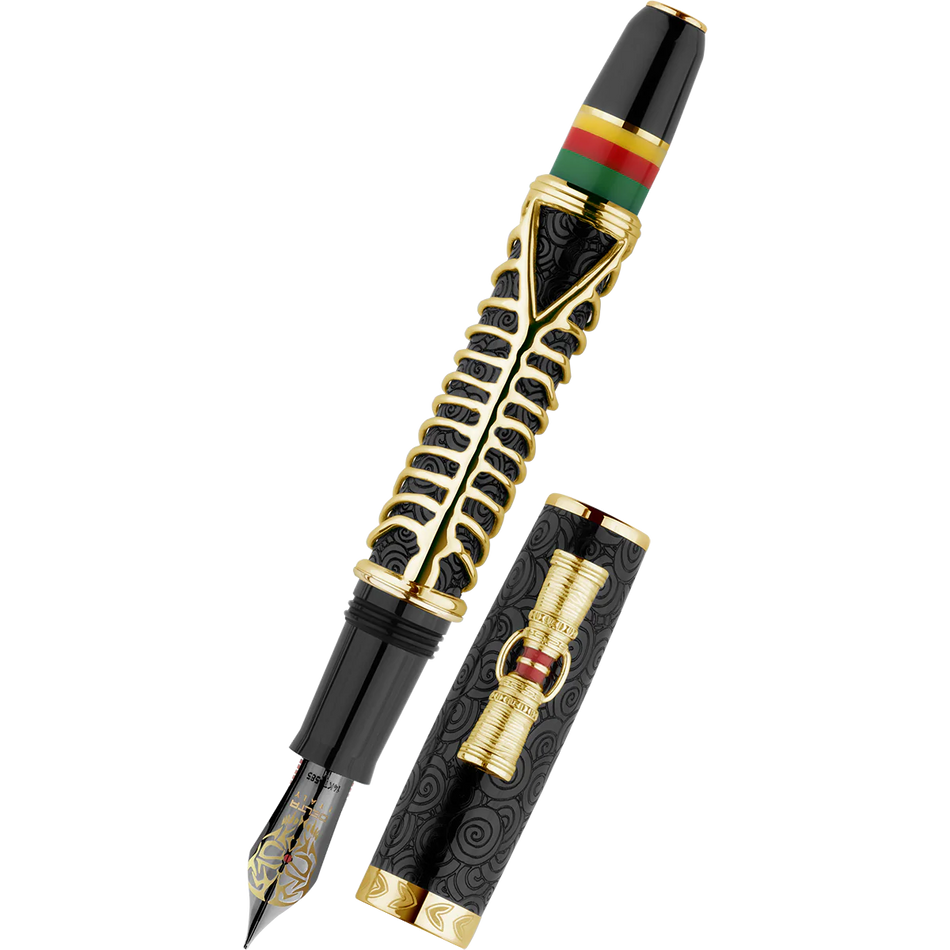 Delta Indigenous People Fountain Pen - Simbu Dancing Skeletons - Black Resin - Gold-Plated Sterling Silver Cage (Limited Edition)