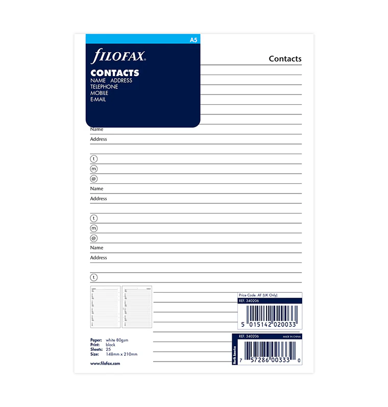 Filofax Contacts Refill - A5