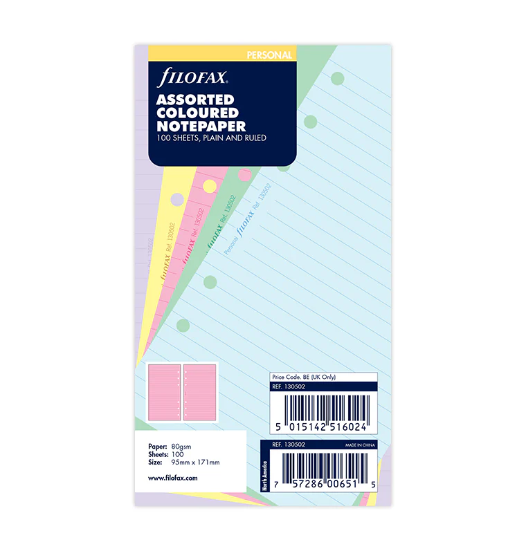 Filofax Assorted Colored Notepaper, Plain And Ruled Value Pack Refill - Personal