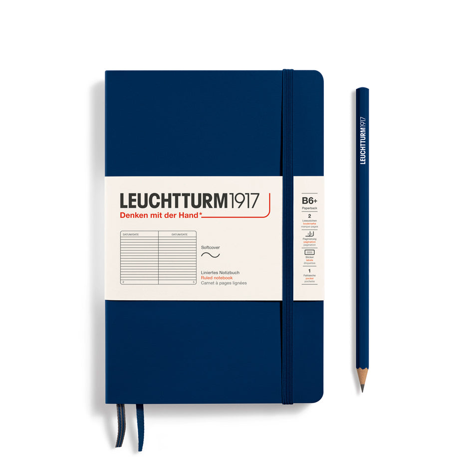 LEUCHTTURM1917 Notebook Paperback (B6+) Ruled, Softcover, 123 Numbered Pages, Navy Blue