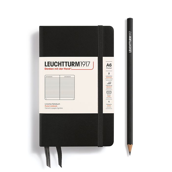 LEUCHTTURM1917 Notebook Pocket (A6) Hardcover, 185 Numbered Pages, Ruled - Black