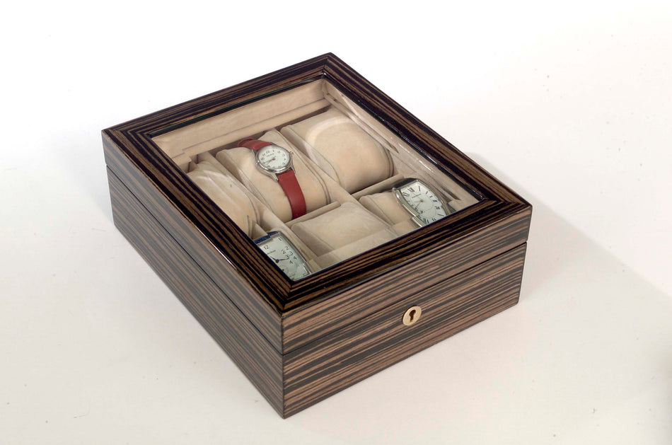 Tizo Ebony Watch Box (6 Slots) with Glass Top