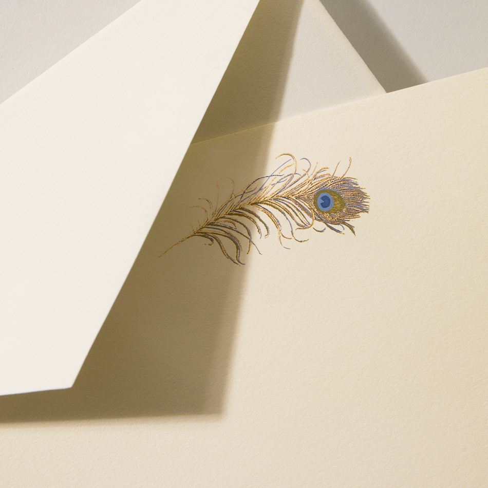 Hand Engraved Peacock Feather Card on Ecru Kid Finish Stationery Set