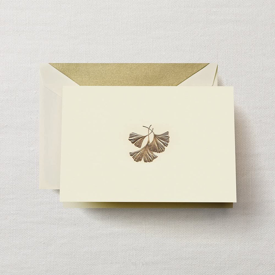 Hand Engraved Ginko Leaf Notes on Ecru Kid Finish Stationery Set